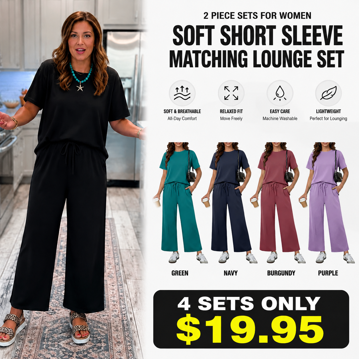Limited Time Offer2 Piece Sets for Women Soft Short Sleeve Matching Lounge Set