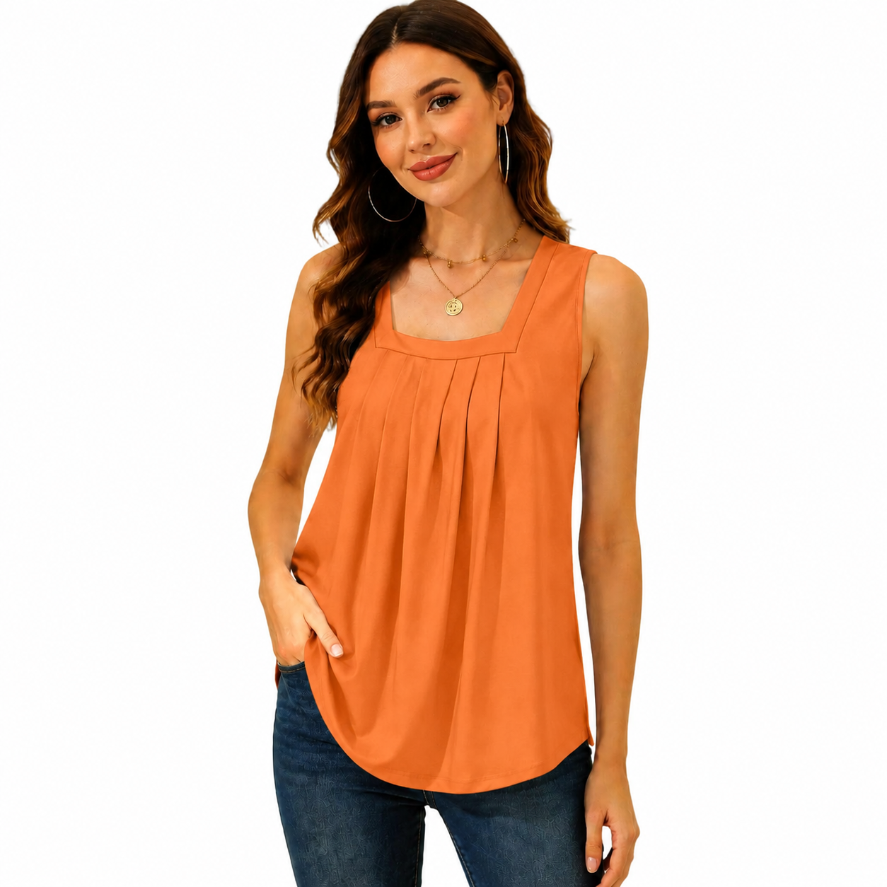Special Sale🩷Summer Tank Tops for Women Loose Fit Pleated Square Neck Sleeveless Tops Curved Hem Flowy