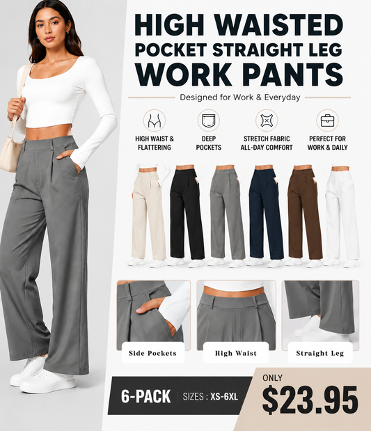 High Waisted Pocket Straight Leg Work Pants