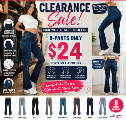 Women's High-Waisted Stretch Jeans with Crossover Design — Slim-Fit Flared Denim Leggings