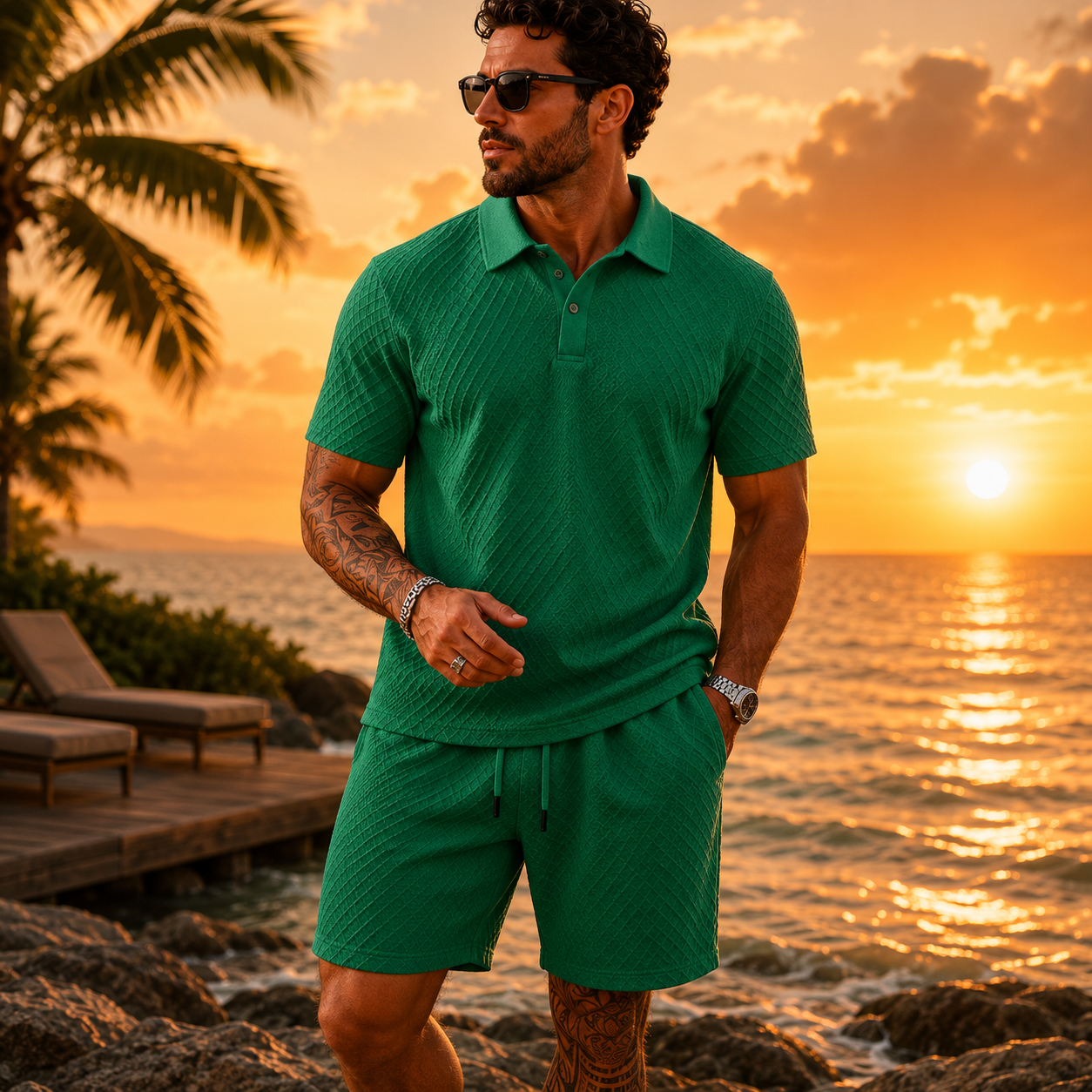 Men's Solid Polo Shirt & Drawstring Waist Shorts Set