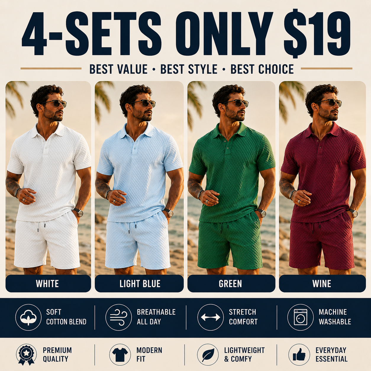 Men's Solid Polo Shirt & Drawstring Waist Shorts Set