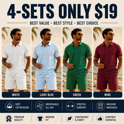 Men's Solid Polo Shirt & Drawstring Waist Shorts Set