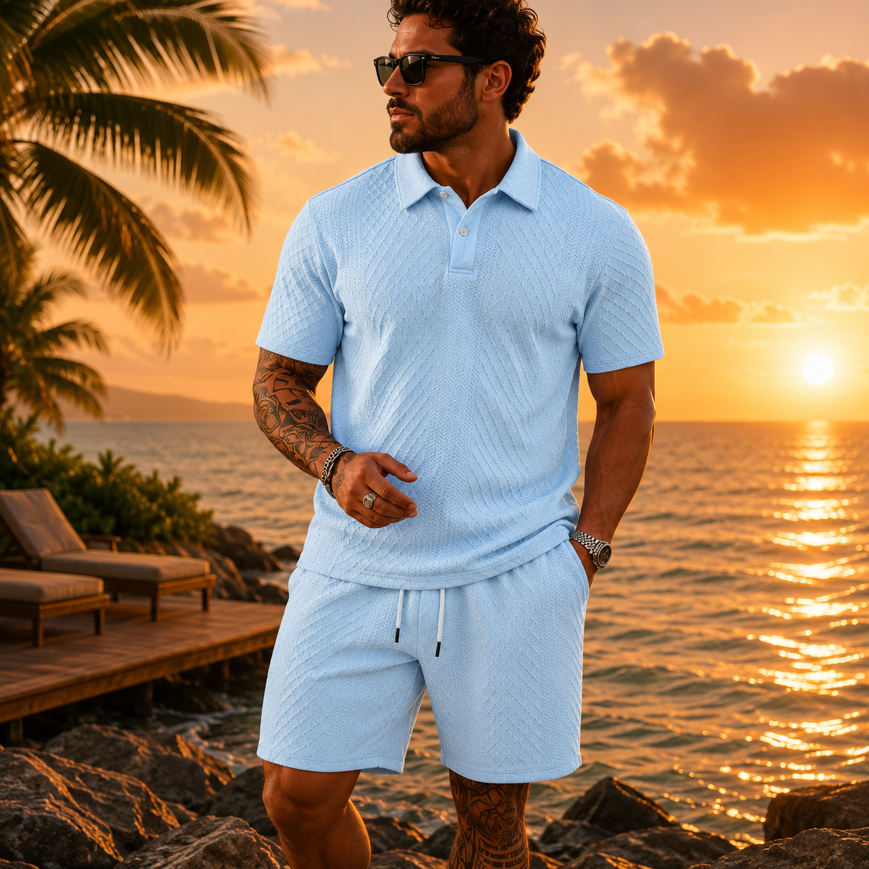 Men's Solid Polo Shirt & Drawstring Waist Shorts Set