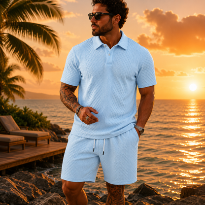 Men's Solid Polo Shirt & Drawstring Waist Shorts Set