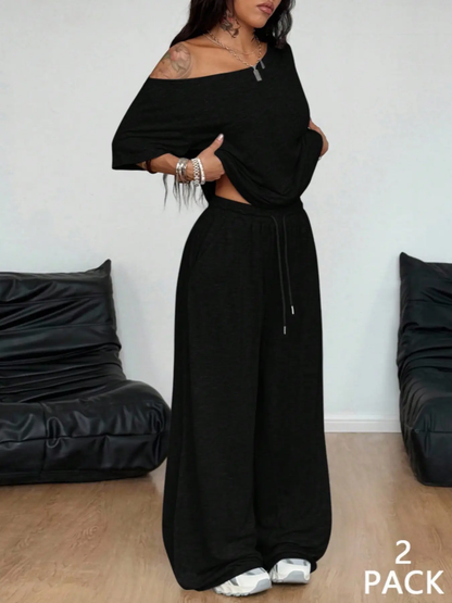 01Women’s Off-Shoulder Wide-Leg Two-Piece Set
