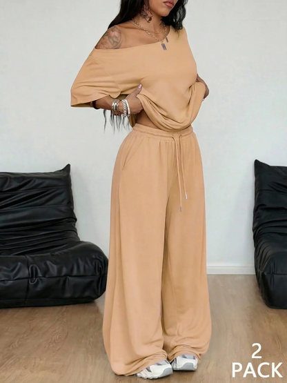 01Women’s Off-Shoulder Wide-Leg Two-Piece Set