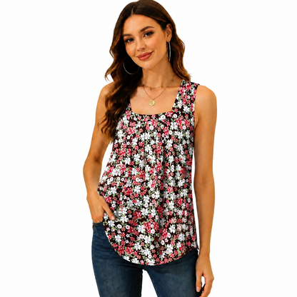 Special Sale🩷Summer Tank Tops for Women Loose Fit Pleated Square Neck Sleeveless Tops Curved Hem Flowy