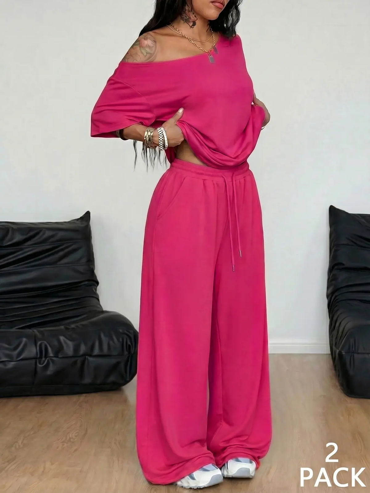 01Women’s Off-Shoulder Wide-Leg Two-Piece Set