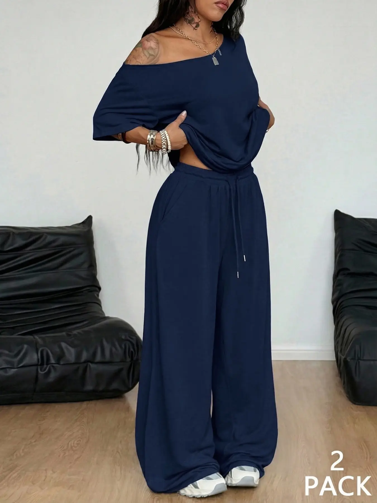 01Women’s Off-Shoulder Wide-Leg Two-Piece Set