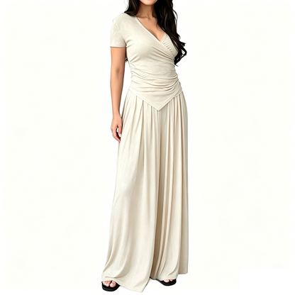 V Neck Wrap Top & High Waist Wide Leg Pants Set