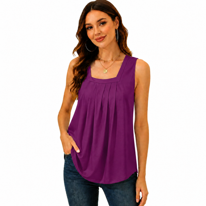 Special Sale🩷Summer Tank Tops for Women Loose Fit Pleated Square Neck Sleeveless Tops Curved Hem Flowy