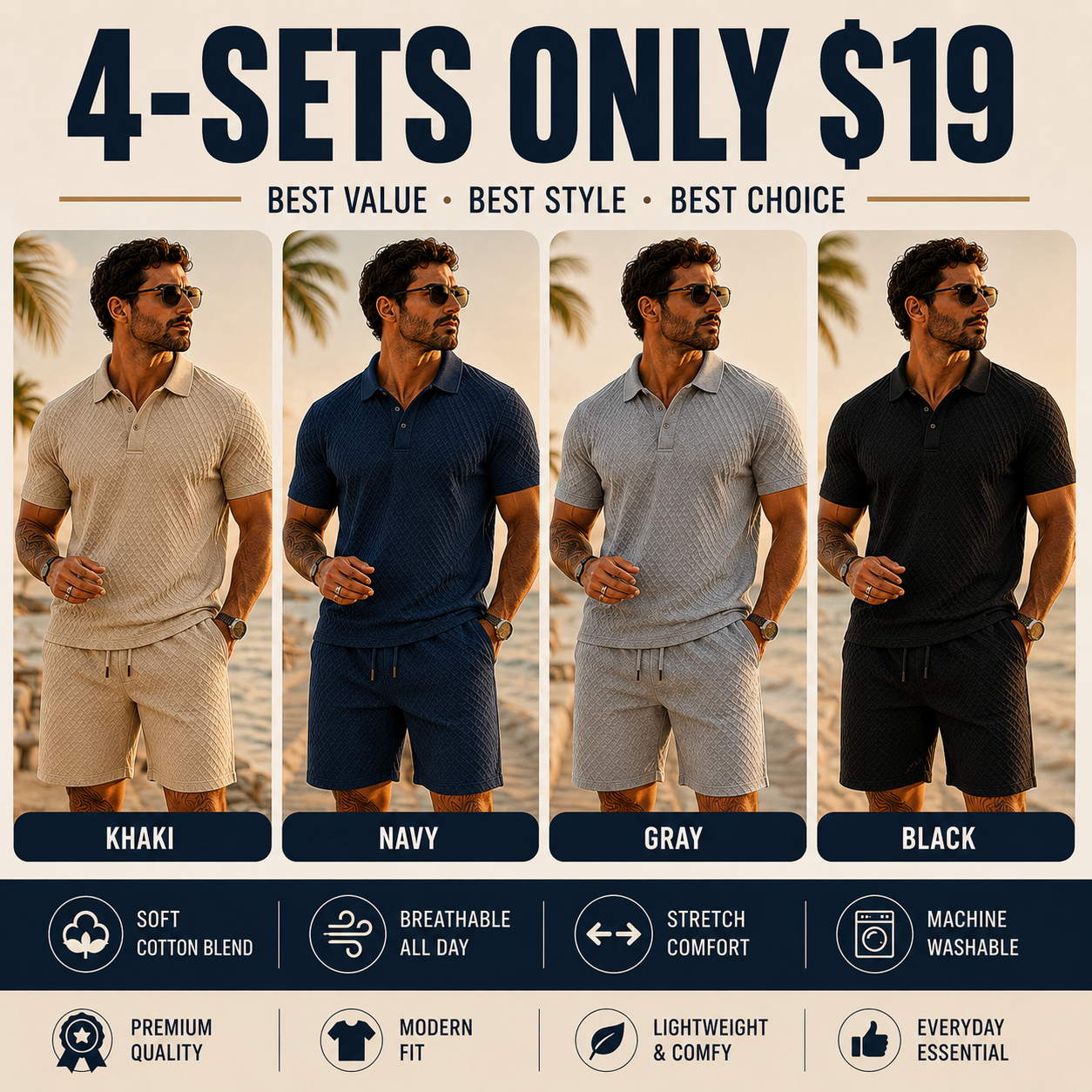 Men's Solid Polo Shirt & Drawstring Waist Shorts Set