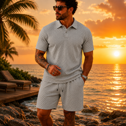 Men's Solid Polo Shirt & Drawstring Waist Shorts Set