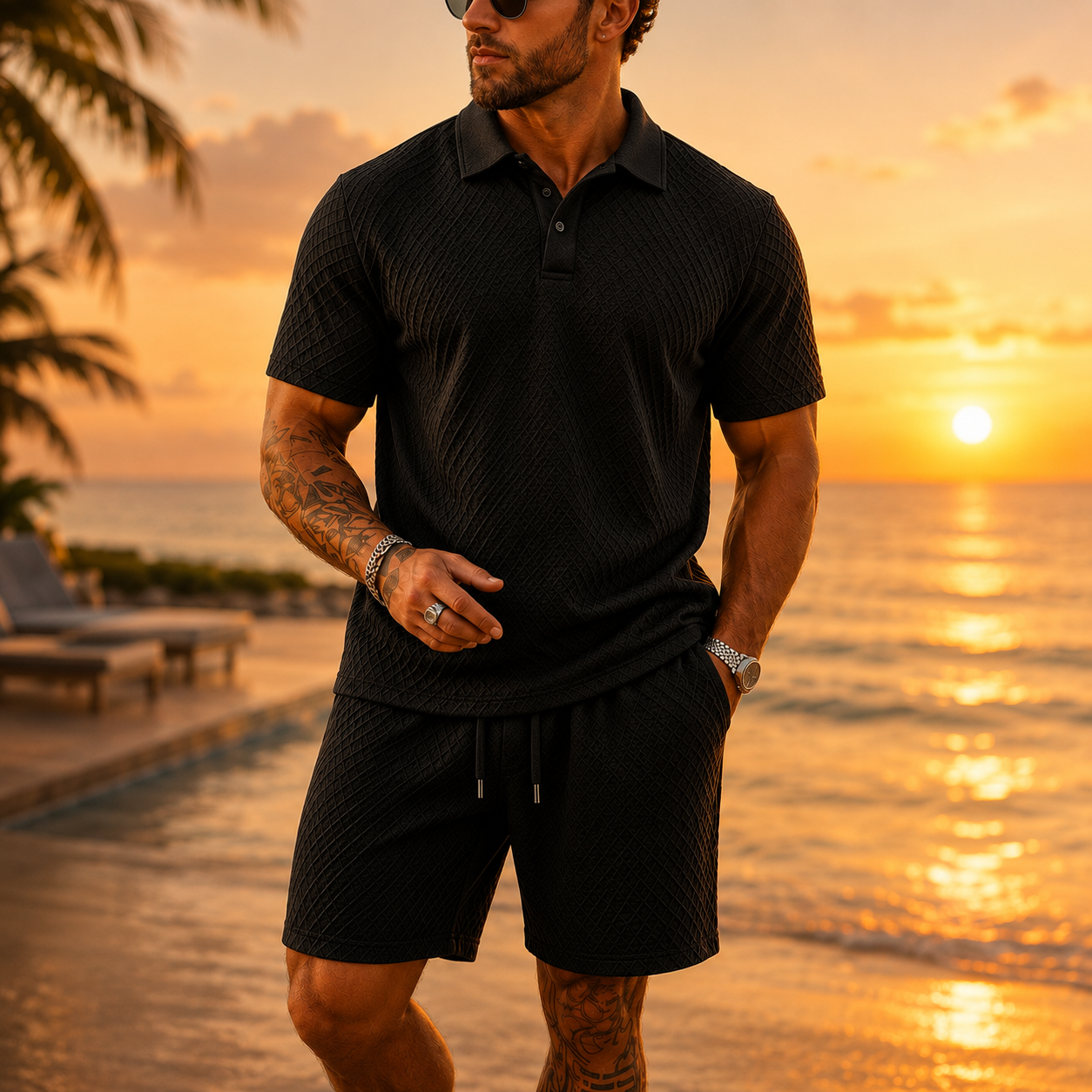 Men's Solid Polo Shirt & Drawstring Waist Shorts Set