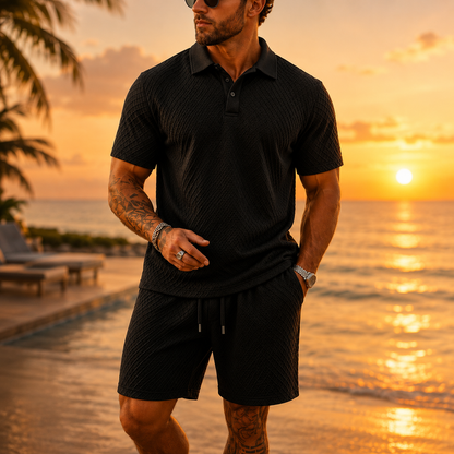 Men's Solid Polo Shirt & Drawstring Waist Shorts Set