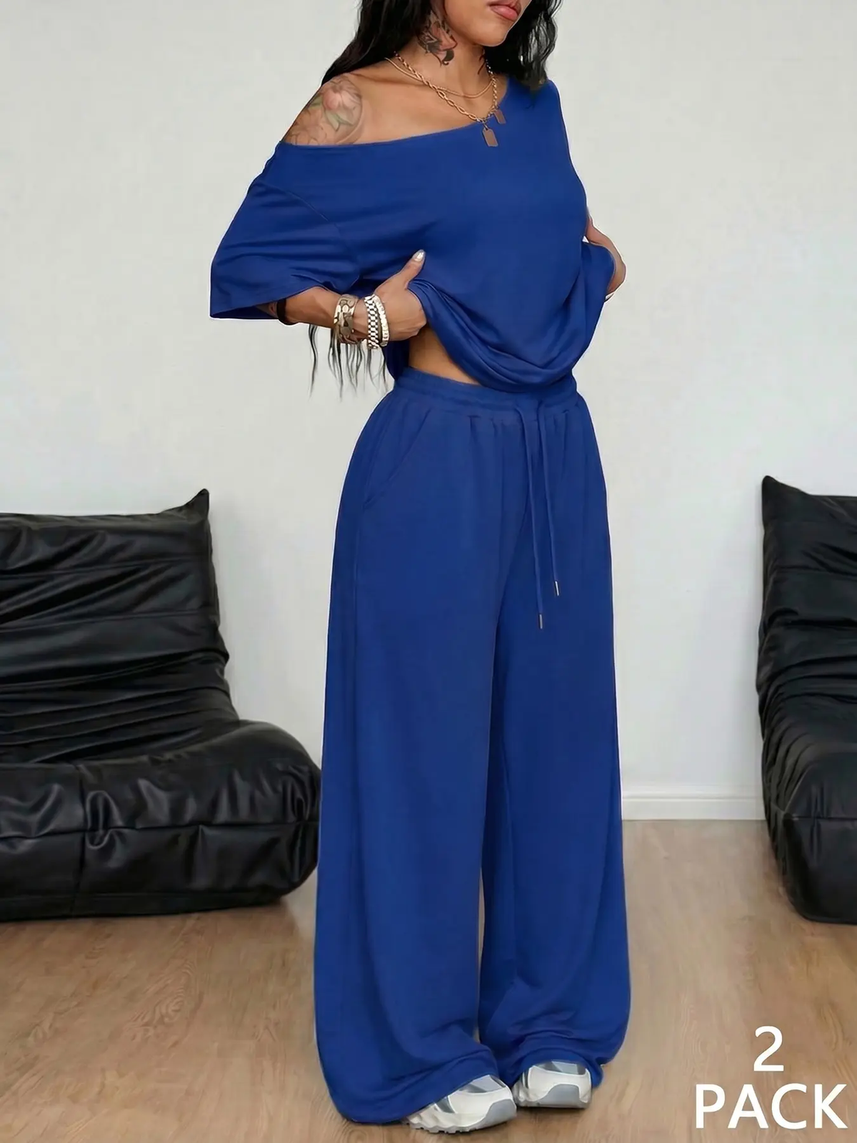 01Women’s Off-Shoulder Wide-Leg Two-Piece Set
