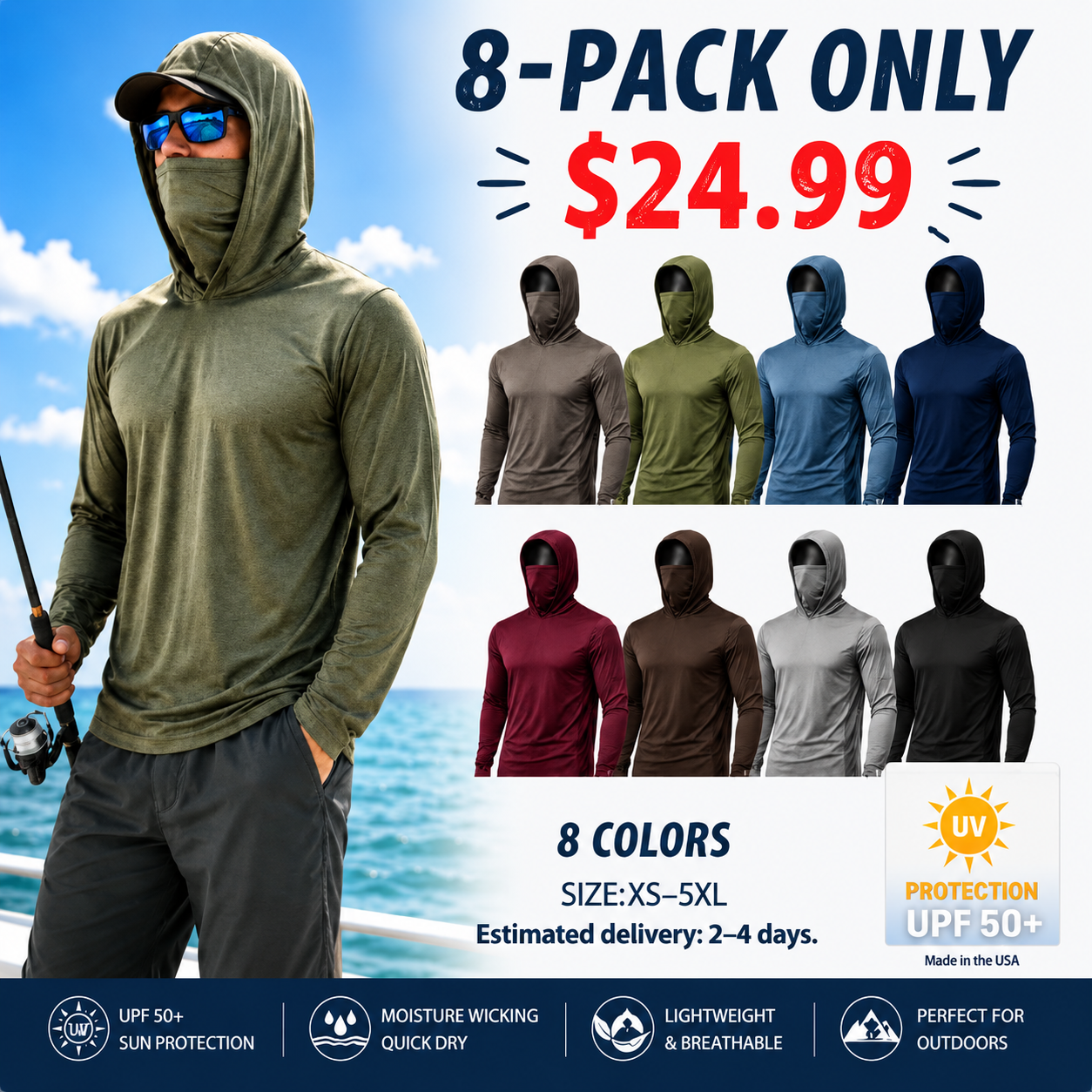 Men's UPF 50+ Long-Sleeve Sun-Protection Hoodie (with Sleeve Pocket and Face Mask)