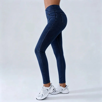 Women's High-Waisted Stretch Jeans with Crossover Design — Slim-Fit Flared Denim Leggings