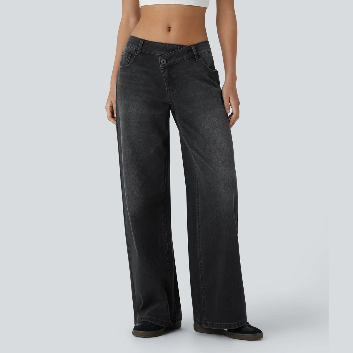 Asymmetric Low Rise Zipper Pockets Baggy Wide Leg Washed Casual Jeans
