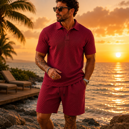 Men's Solid Polo Shirt & Drawstring Waist Shorts Set