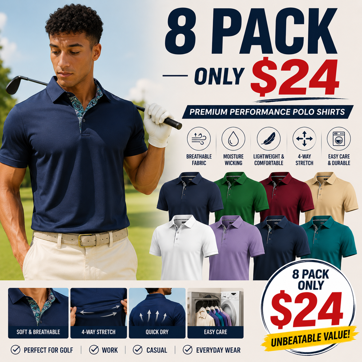 Men's Polo Shirts (Multi-Pack) — Soft, Breathable Pure Cotton Material; Comfortable, Short-Sleeve Casual Fit