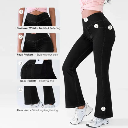 Women's High-Waisted Stretch Jeans with Crossover Design — Slim-Fit Flared Denim Leggings
