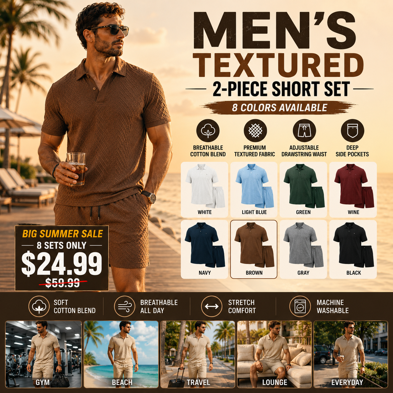 Men's Solid Polo Shirt & Drawstring Waist Shorts Set